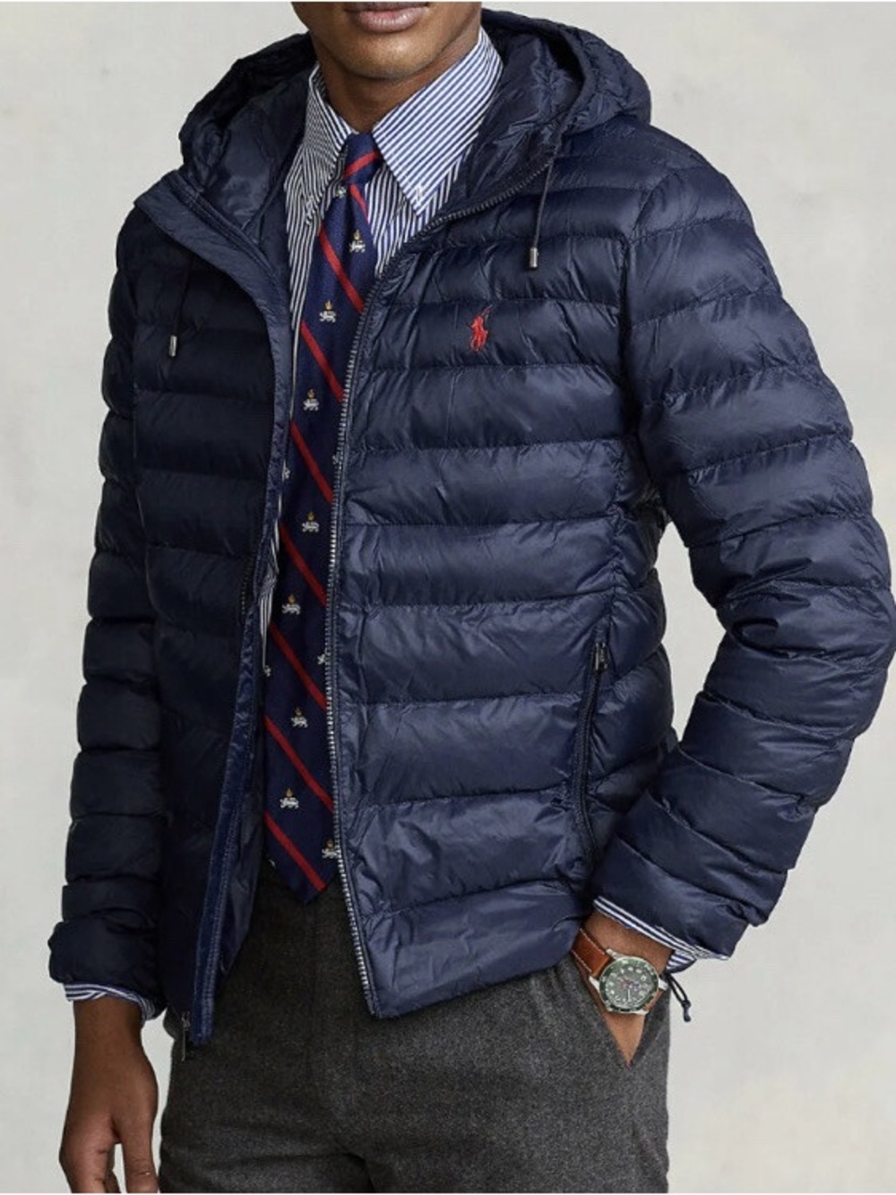 Polo Ralph Lauren Packable Hooded Quilted Down Puffer Navy Blue Mens Large